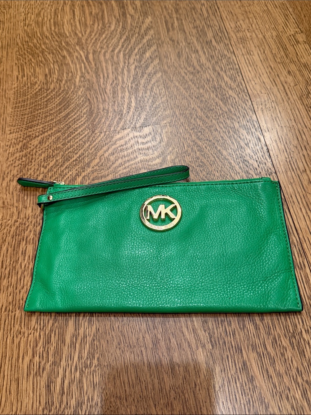 Michael Kors Bright Green Leather Wristlet Clutch with Gold MK Emblem